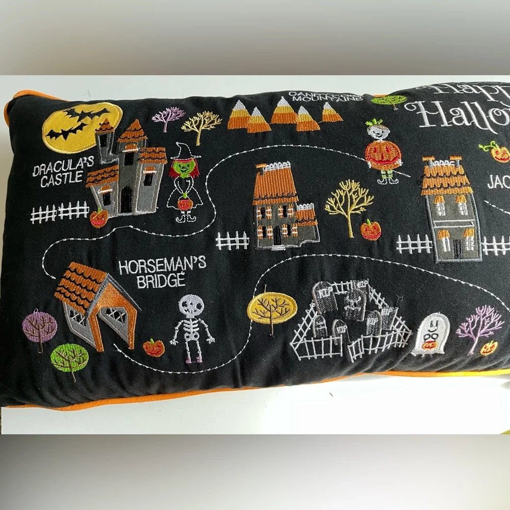 Isaac Mizrahi Large Lumbar Pillow Embroidered Halloween Village Candy Lane
